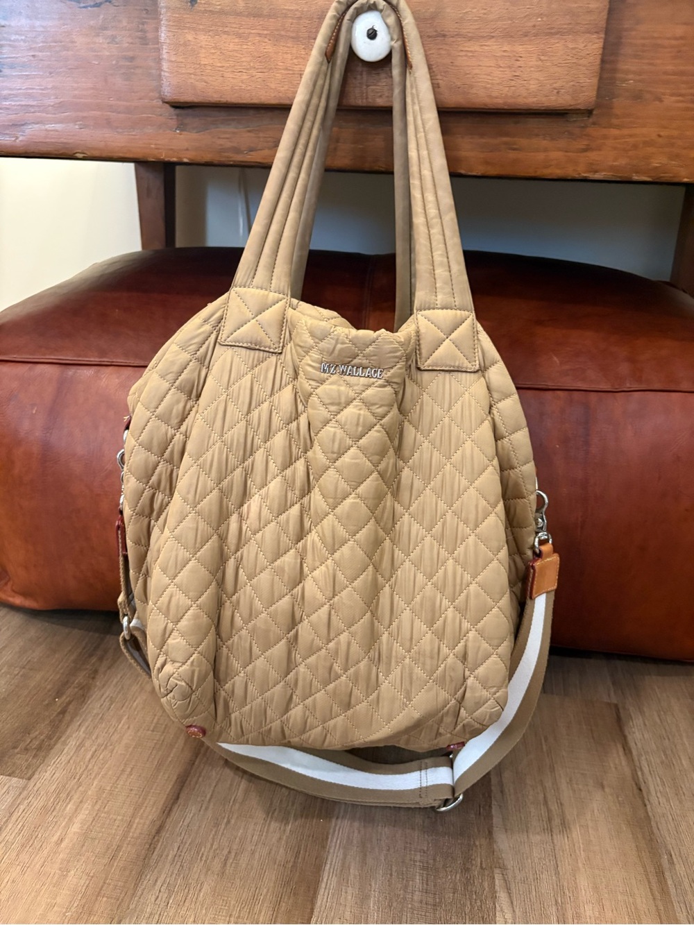 MZ Wallace Sutton Quilted Tan Shoulder Tote with Detachable Strap